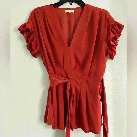 Max Studio Women's Top Ruffle Sleeve Wrap Tie Red - Picture 3 of 8
